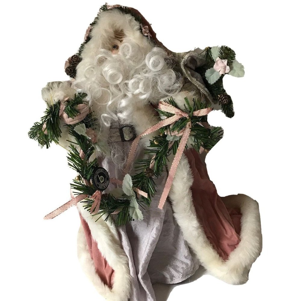 Brinns 1991 pink Santa doll faux fur cape flowers tapestry toy bag garland 14”